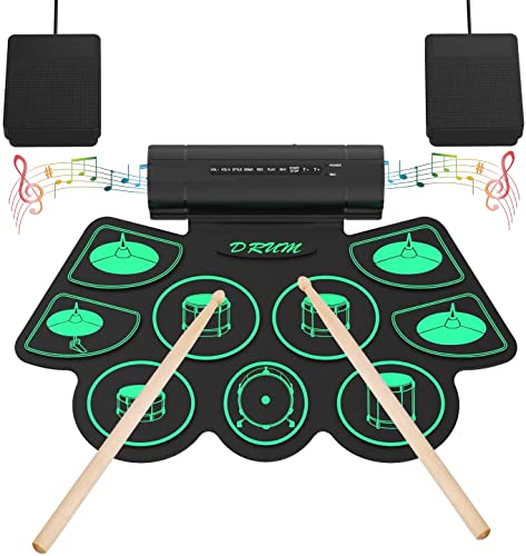 Uverbon 9 Pad E-Drum-Kit MIDI-Drum-Matte Protable Roll Up Digital Music Pad Eingebauter Stereo-Lautsprecher mit 2 Fußpedalen USB-Ladegerät für Kinder und Anfänger