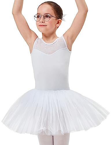 tanzmuster ® Ballettkleid Mädchen Tutu - Lottie - aus weichem Baumwollmaterial mit Spitzeneinsatz vorn und Tuturock Trikot fürs Kinder Ballett in weiß, Größe:128/134
