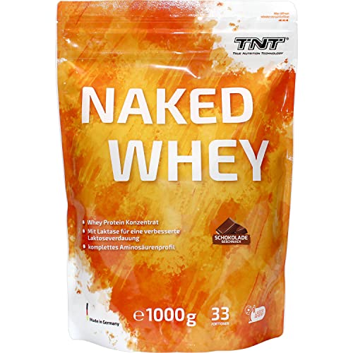 TNT Naked Whey + Laktase – 1kg Whey Protein Konzentrat – Eiweißpulver mit toller Löslichkeit & Geschmack – Proteinpulver (Schokolade)