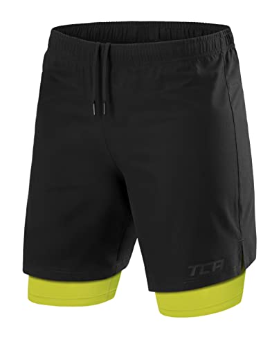 TCA Ultra Laufhose Herren 2-in-1 - Kurze Sporthose/Trainingshose/Laufshorts mit integrierter Kompressionshose und Reißverschlussfach - Schwarz/Grün (Reißverschlusstasche), XL