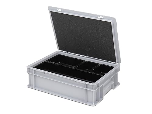 Einsatzkasten Einteilungs-Set für Eurobehälter, Schubladen mit Innenmaß 362x262 mm (LxB), 102 mm hoch, verschiedene Größen/Farben (4er Mix Set inkl. Box + Deckel, schwarz)