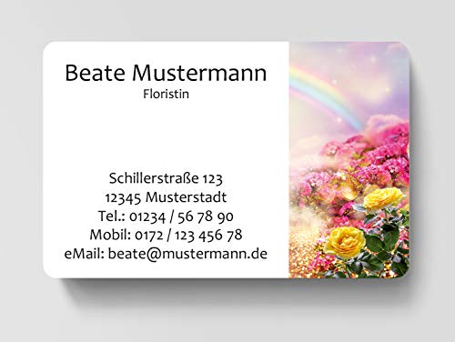 100 Visitenkarten, laminiert, 85 x 55 mm, inkl. Kartenspender - Blumen Regenbogen