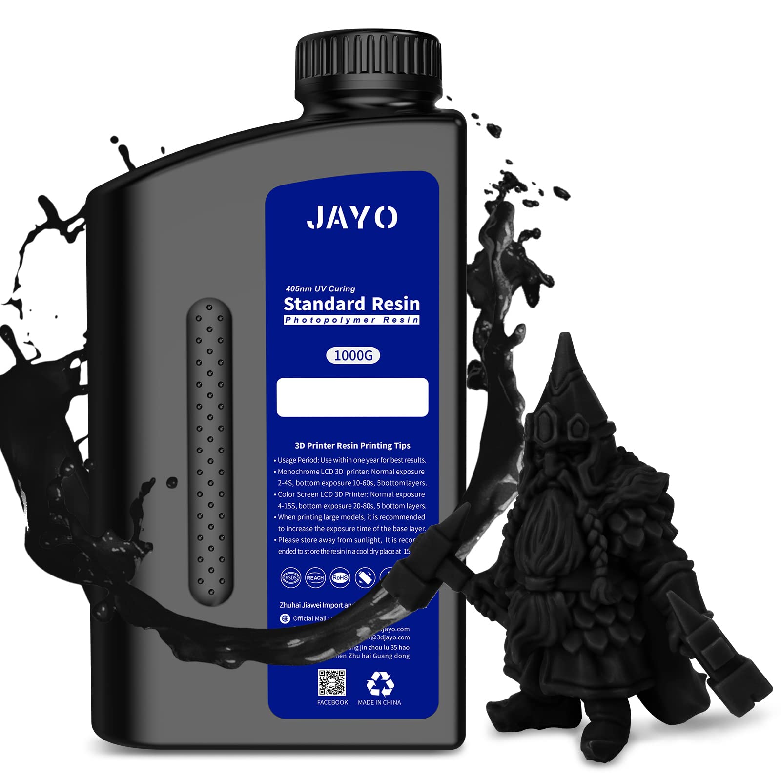 JAYO 3D Drucker Resin, LCD UV 405nm Rapid Resin für 2K 4K 6K 8K LCD/DLP/SLA 3D Drucker Photopolymer Kunstharz Flüssige 3D-Druckmaterialien Schwarz 1000g