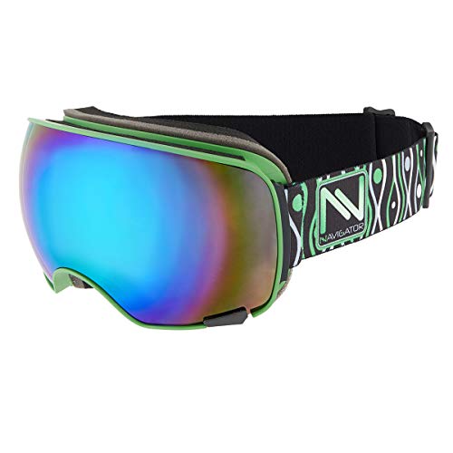 NAVIGATOR Vision Skibrille u. Snowboardbrille, 2 Wechsellinsen, einzigartiger AntiFog Beschichtung, UVA Schutz, Wintersport Brille m. verspiegelten Gläsern u. innovativer Linsenhinterlüftung, GRÜN