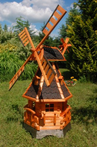 Deko-Shop-Hannusch Windmühle aus Holz, kugelgelagert, 1,25 m, Bitum dunkel, mit extra Windrad hinten am Kopf, imprägniert, Kugellager einstellbar, Gartenwindmühle, Windmühlen