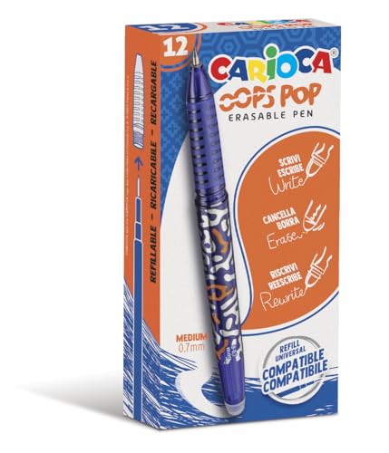Carioca Oops Pop radierbare Stifte blau - 12 Stück | Set löschbare nachfüllbare Stifte für Schule und Büro mit Kapuze, doppeltem Gummi und ergonomischem Griff, blaue Stifte, 12 Stück