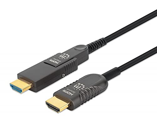 MANHATTAN Aktives optisches High Speed HDMI-Glasfaserkabel mit abnehmbarem Stecker 4K@60Hz UHD, HDMI-Stecker auf Micro-HDMI-Stecker (Typ D) und abnehmbarer HDMI-Stecker (Typ A), 30 m, HEC, ARC, vergoldete Kontakte, schwarz (355520)