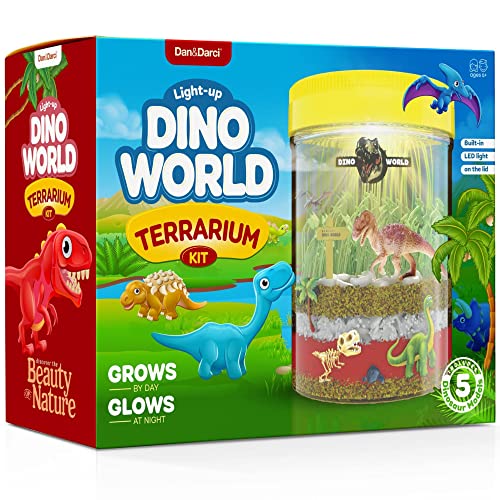 Dan&Darci Beleuchtetes Dino Welt Terrarium-Set für Kinder mit LED-Licht auf dem Deckel - Gestalten Sie Ihren eigenen Mini-Dinosauriergarten in einem Gefäß