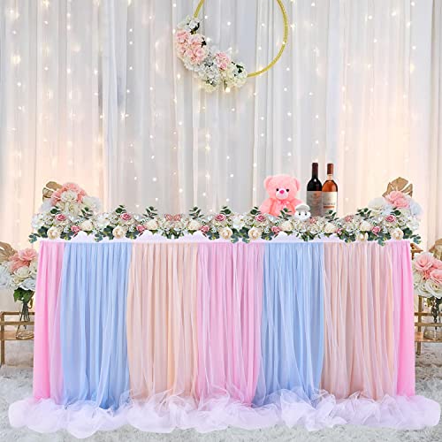 HBBMAGIC Regenbogen Tüll Tischrock, Single Langer Tüll Tischrock für Hochzeitsfeier Babyparty Brial Shower Taufe, 275cm×76cm, Ohne Licht