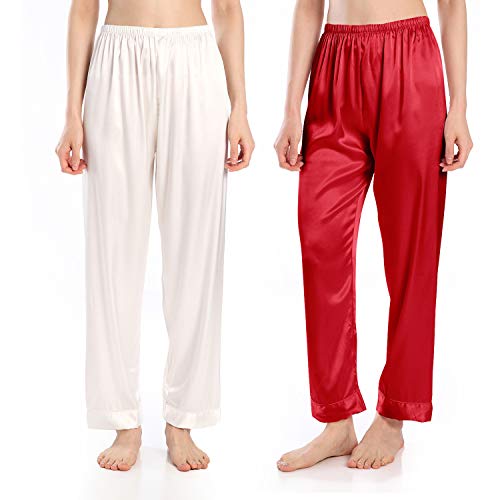 Wantschun Damen Satin Silk Schlafanzughose Nachtwäsche Hose Pyjama Bottom, Packung mit 2: Weiß + Wein Rot, 3XL