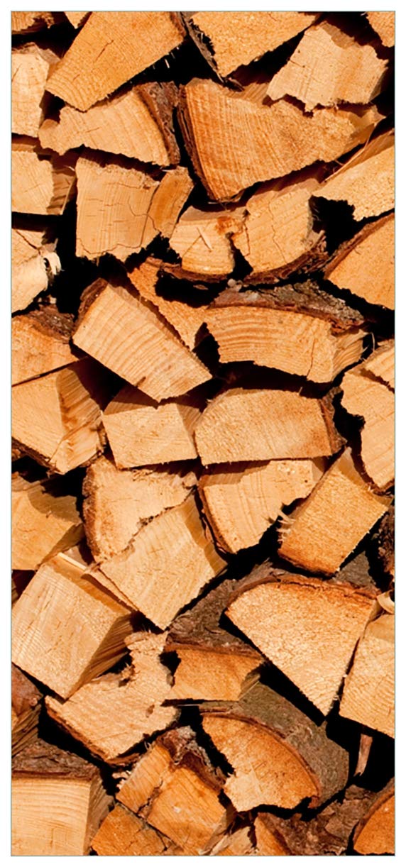 Wallario Selbstklebende Türtapete Holzstapel gehackt - Holzscheite für den Kamin - Türposter 93 x 205 cm Abwischbar, rückstandsfrei zu entfernen
