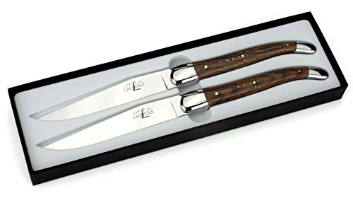 Forge de Laguiole - Set zwei Steakmesser aus Frankreich - Griff Nussbaumholz - Französische Tafel-Messer - Stahl hochglanz