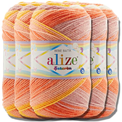 Hobby YARN Alize Sekerim Bebe Batik 5x 100g Türkische Premium Wolle aus Acryl Babywolle Strickwolle mit Farbverlauf Pastell Farbe Yarns für Babys Amigurumi (7721)