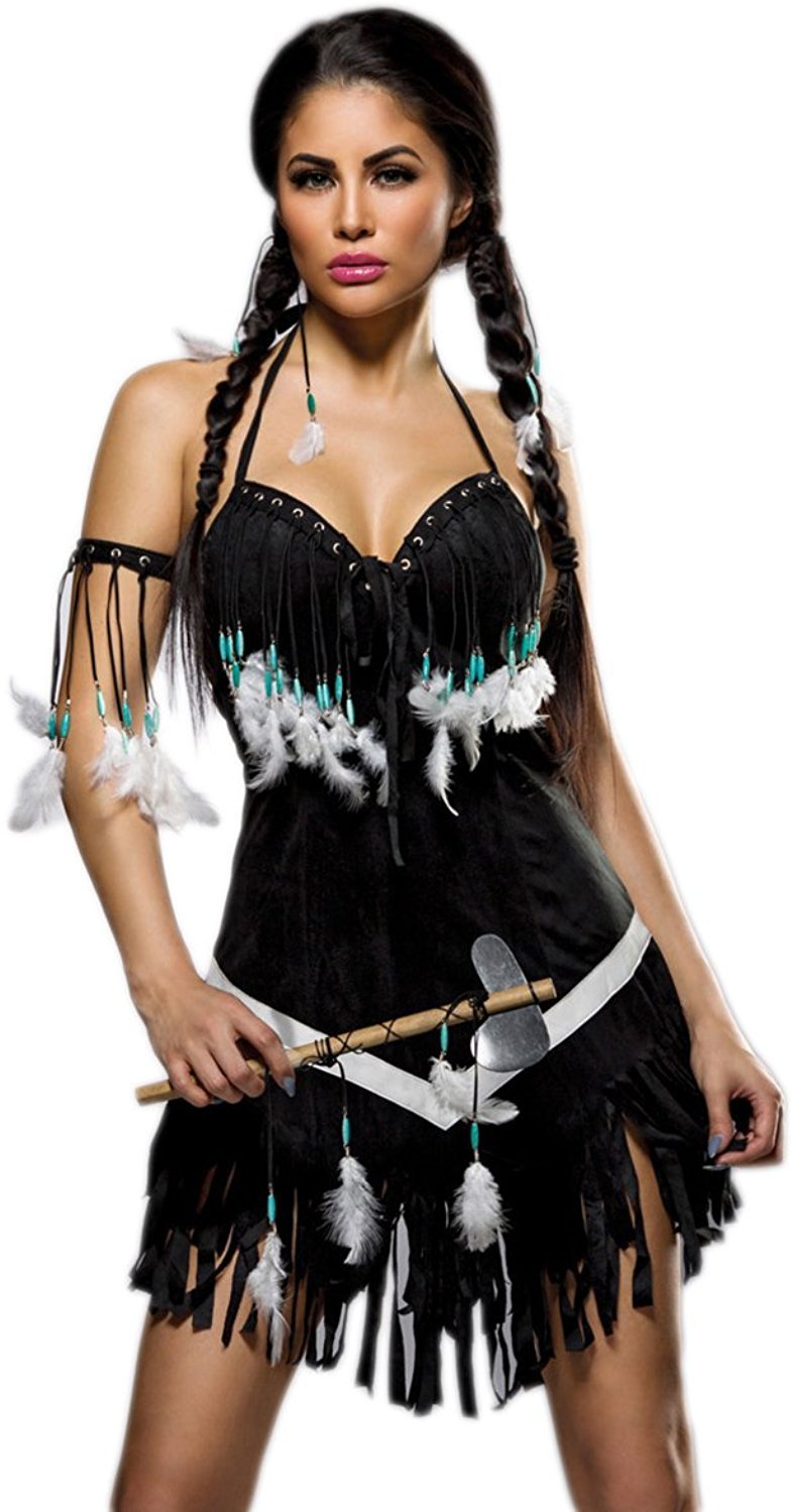 Dancing Squaw Kost?m - Karneval Indianer Komplettset mit Kleid und Tomahawk Gr. S-XL (80048) (XL)