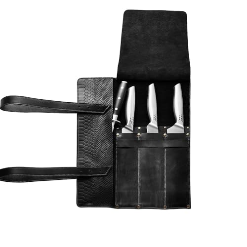 OraGarden Mergel Messertasche für Kochmesser, Messerrolle, Rolltasche, Tasche für Köche aus Premium Echt-Leder für 3 Messer (Dark Anaconda)