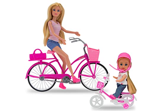 Teorema 67264 - DEA Kinderpuppe mit Tochter auf dem Fahrrad, mit 2 Helmen, Zubehör, Fahrradkorb, Höhe 29 cm, Vinyl, mit klappbaren Knien, Dickes Haar