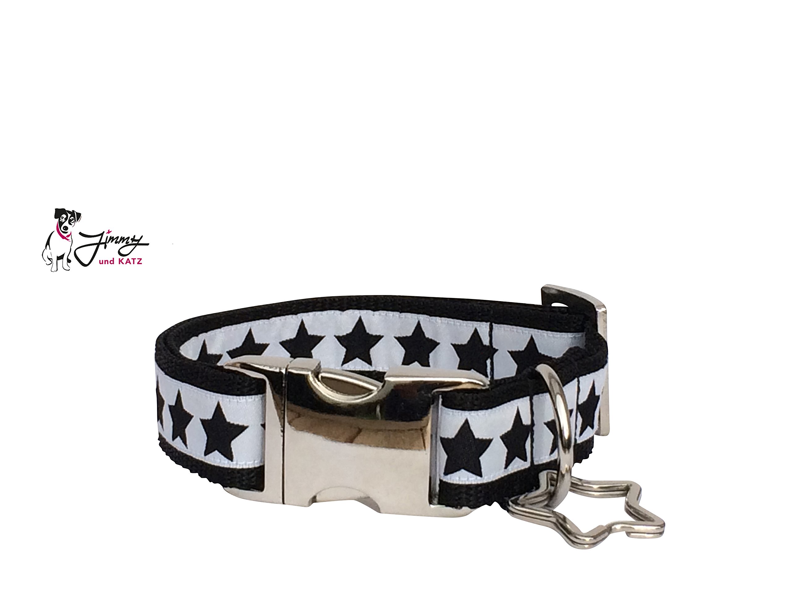 Jimmy und Katz Hundehalsband Sterne Schwarz Weiss 35-58cm x 2,5cm