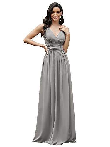 Ever-Pretty Damen Festliches Kleid A-Linie V-Ausschnitt Ärmellos Chiffon Hohe Taille Grau 46