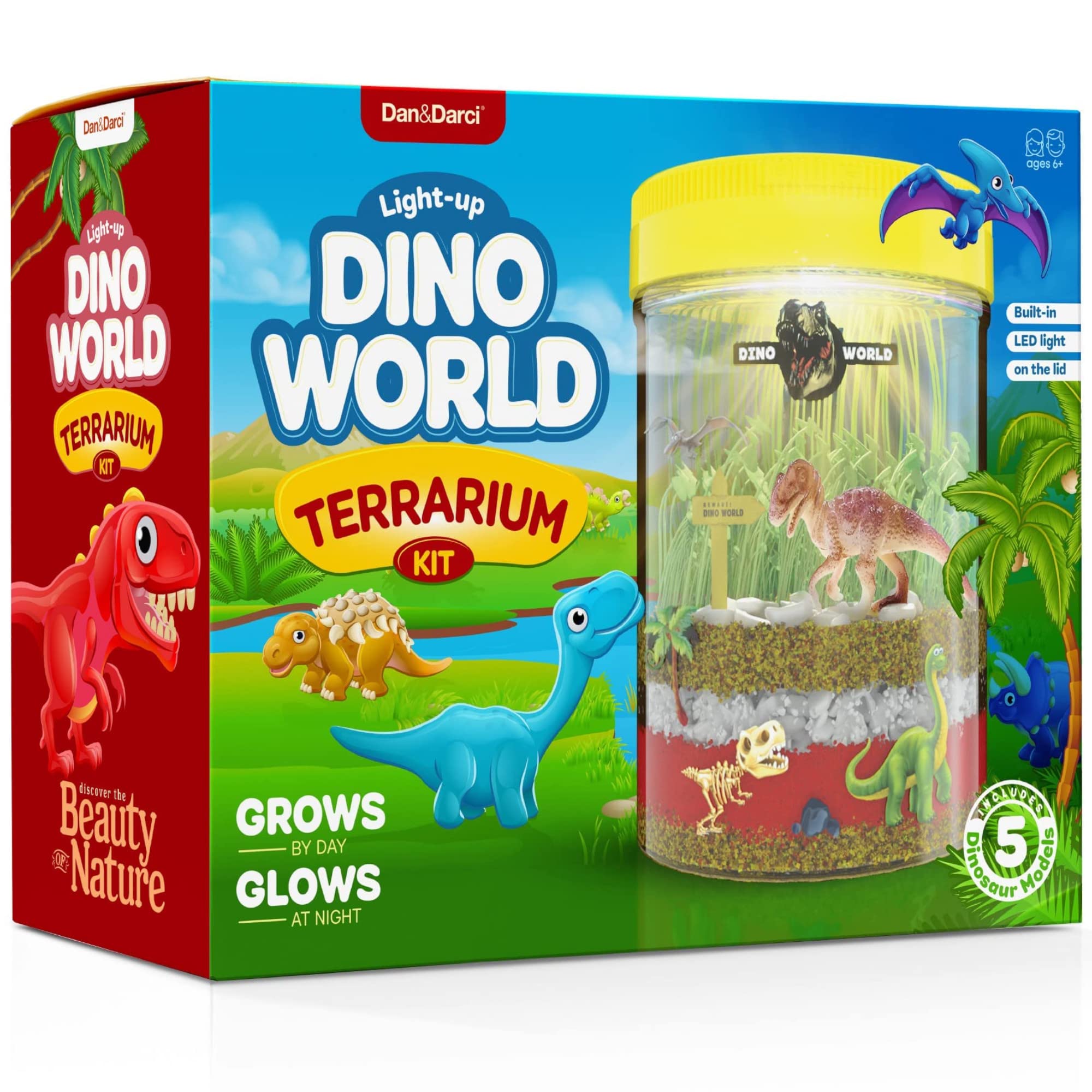 Dan&Darci Beleuchtetes Dino Welt Terrarium-Set für Kinder mit LED-Licht auf dem Deckel - Gestalten Sie Ihren eigenen Mini-Dinosauriergarten in einem Gefäß