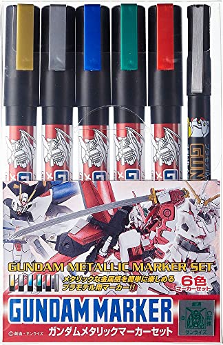 ＭＲ．ＨＯＢＢＹ＼ミスターホビー GMS121 Gundam Metallic Marker Set, Paint Type, Filzstifte, Zum Bemalen von Gunpla, 5 Farben & GM20 Brush Type Schwarz, 6er Set, Meißel