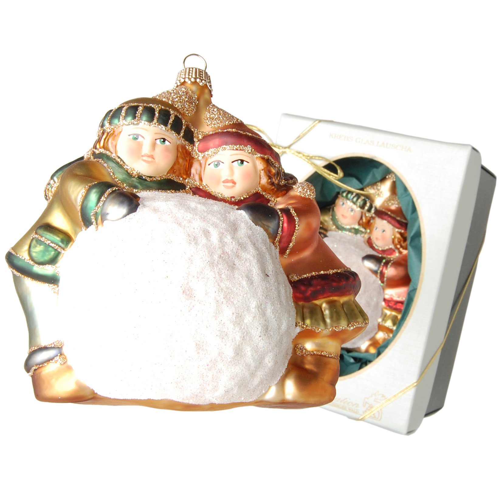 Krebs Glas Lauscha - Weihnachtsdekoration/Christbaumschmuck aus Glas - Multicolor Baumdekoration - Motiv: Emma und Emilio mit Schneeball - Größe: ca. 11 cm - Made in Germany