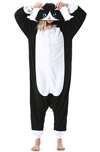 Damen Jumpsuit Onesie Tier Fasching Halloween Kostüm Lounge Sleepsuit Herren Cosplay Overall Pyjama Schlafanzug Erwachsene Unisex Schwarz Katze for Höhe 140-187CM