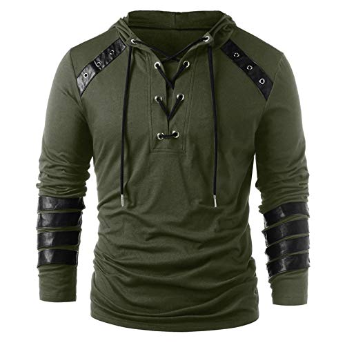 Xmiral Herren Kapuzenoberteile Kordelzug Vintage Leder Patchwork Langarm Sweatshirt Tops Pullover Schn黵ung Kapuzenpullover Sweatshirts(t Armeegr黱,L)