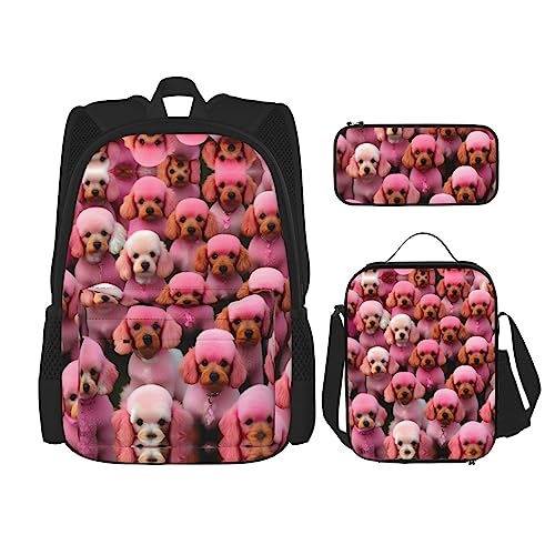 OdDdot 3-teiliges Rucksack-Sets, Druck rosa Pudel Hunde Rucksack mit Lunchbox und Federmäppchen, große Kapazität Rucksack Büchertasche