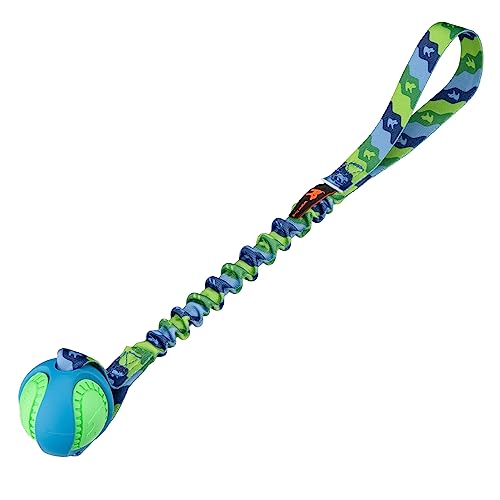 Tug-E-Nuff - PowerBall Bungee Tug | Stoßdämpfender Bungee-Griff | Langlebiges Ballspielzeug für Hunde | Ideal für interaktives Hundetraining und Hunde jeden Alters | 43 cm groß