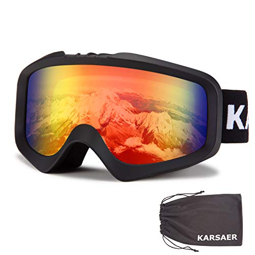 Karsaer Unisex Skibrille OTG，100% UV-Schutz Anti-Fog Snowboardbrille für Brillenträger， Helmkompatible Schneebrille，Snowboardbrille für Damen und Herren K7012