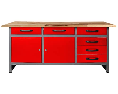 Ondis24 Werkbank Karsten rot Werktisch Packtisch 6 Schubladen Werkstatteinrichtung 160 x 60 x 85 (H) cm Buchenholzarbeitsplatte, Metall bis 510kg belastbar