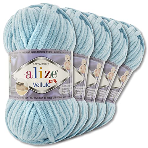Wohnkult Alize 5x100 g Velluto Premium Wolle 30 Auswahl Chenillegarn Samtwolle Amigurumi Decken Accessore Kleidung DIY (414 | Azurblau)