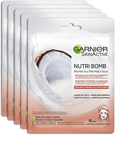 Garnier Nutribomb Nährstoffmaske, geeignet für trockene und stumpfe Haut, angereichert mit Kokosmilch und Hyaluronsäure, 28 g, 5 Stück