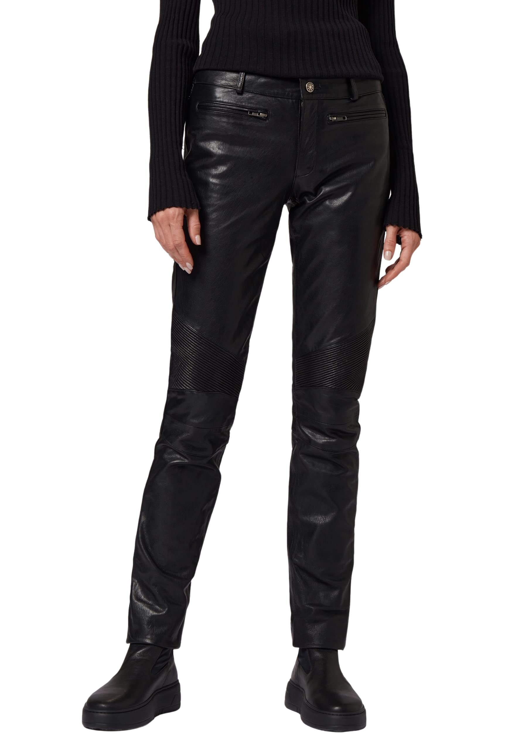 RICANO Donna - Damen Lederhose in Biker-Optik (Slim Fit/Regular Waist) - echtes (Premium) Ziegen Leder (Schwarz, M)