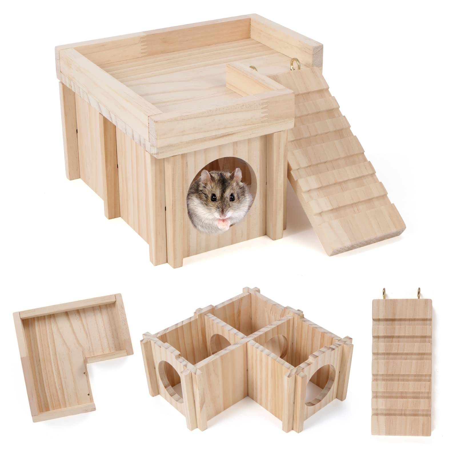 Chngeary Hamsterhaus und Versteck: Mehrkammer-Hamstertunnel aus Holz mit Leiter, Käfigzubehör für Hamster, Rattenrennmäuse, Lemmings.