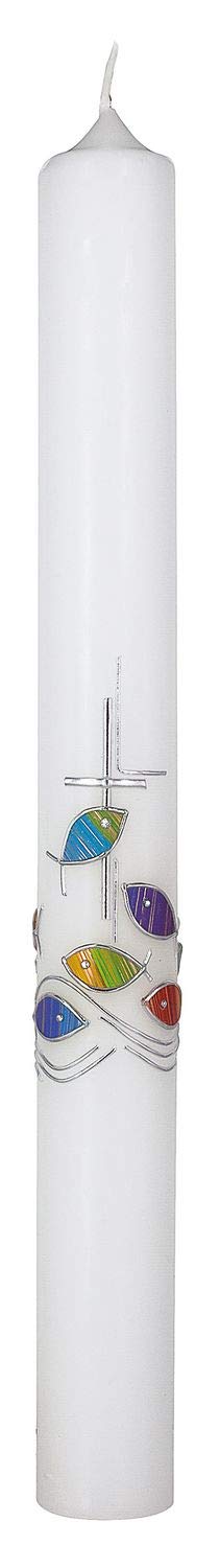 Taufkerze mit aufgelegtem Wachsmotiv für Mädchen und Jungen- bunte Fische mit Kreuz und Wellen in Silber, 400 x 40 mm