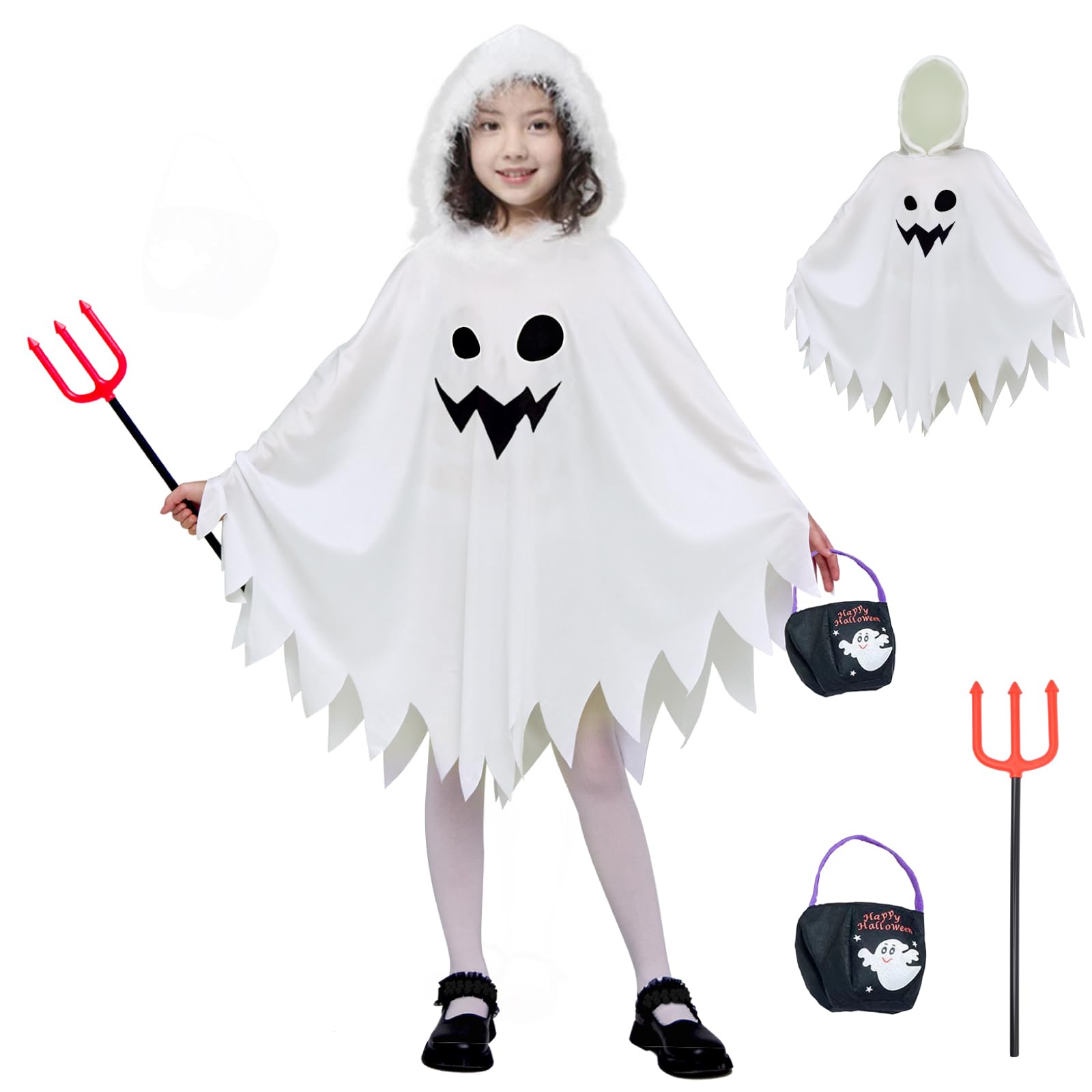 NA# Halloween-Kostüm Geisterumhang für Kinder Kostüm Spooky Trick-Gold Treat mit Kürbistasche weiß 7-9 Jahre