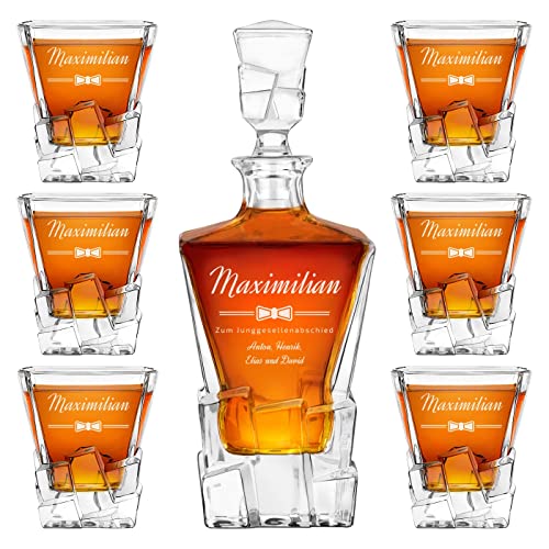 Maverton 950 ml Whiskykaraffe + 6er Whisky Gläser Set mit Gravur - Whiskey Dekanter - luxuriöses Design - Kristallglas - für Männer - zum Geburtstag - Name
