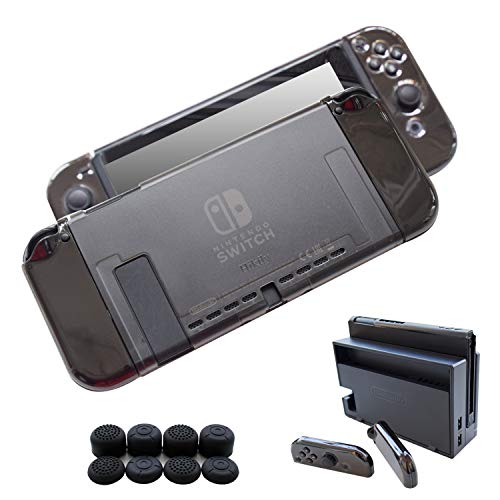 Hikfly 3-in-1 Schutzhülle für Nintendo Switch Konsole und Joy-Con-Controller (transparentes schwarz) mit 8 Daumengriffen, superdünne Hülle für Docked TV Modus