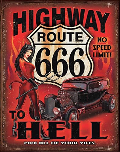 Desperate Enterprises Route 666 - Highway to Hell Blechschild - Nostalgie Vintage Metall Wanddekoration - Made in USA