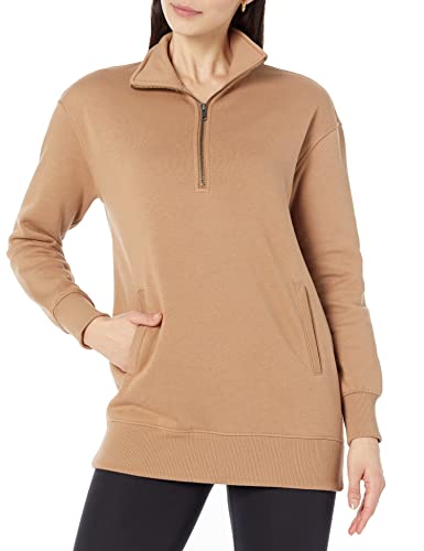 Amazon Aware Damen Tunika-Sweatshirt mit halbem Reißverschluss in lockerer Passform (in Übergröße erhältlich), Kamelbraun, XS