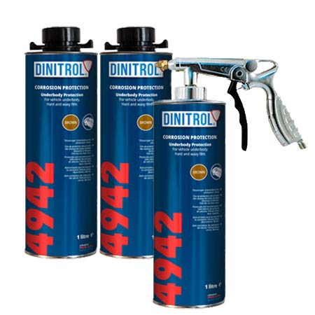Dinitrol 4942 Unterbodenwachs (Braun), 3 x 1-Liter-Dosen (mit Schutzschraubverschluss) und 1 x Spritzpistole.