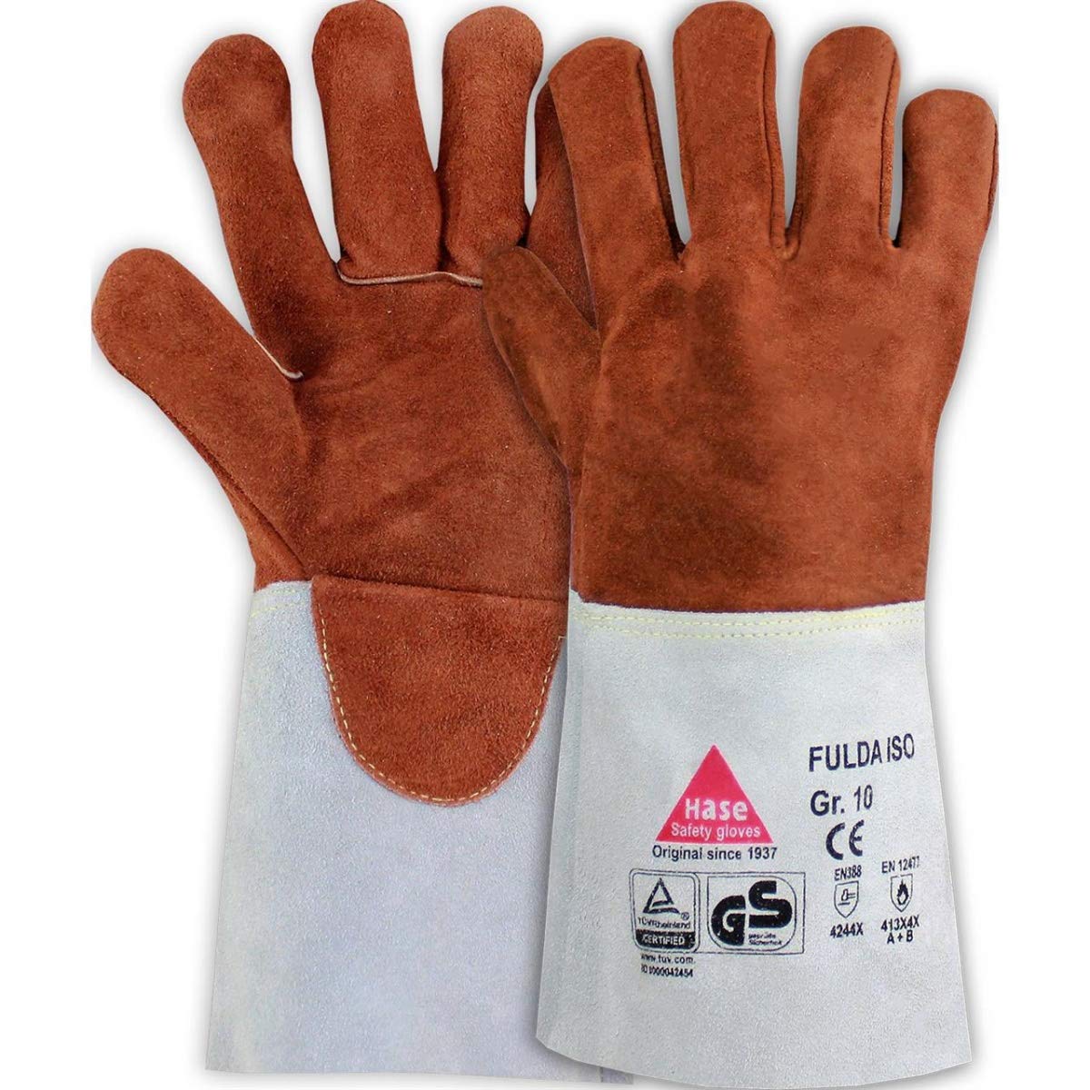 10 Paar Hase Safety Gloves Fulda-Iso Schweißerhandschuhe lang, Leder-Arbeitshandschuhe mit Stulpe Größe XL (10)