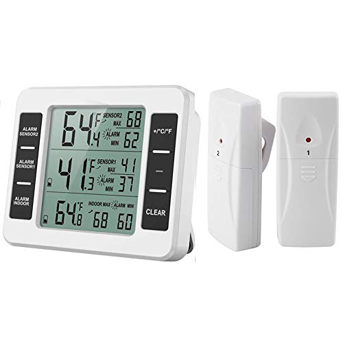 Kühlschrank Thermometer Gefrierschrank Thermometer Kühlschrankthermometer Wireless Digital Thermometer mit 2 Sensoren Temperatur Min/Max Aufzeichnung Perfekt für Hause, Bars, Cafes etc