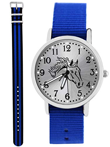 Pacific Time Jungen Uhr Pferd Analog Quarz mit 2 Textilarmband Royalblau schwarz blau 10668