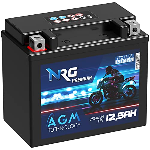 NRG PREMIUM YTX12-BS AGM Motorradbatterie 12V 12,5Ah 255A/EN entspricht Batterie CTX12-BS 51012 GTX12-BS Quad auslaufsicher wartungsfrei ersetzt 12Ah