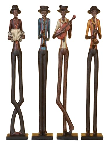Deco 79 Polystone Jazzband-Skulptur mit langem Bein und schwarzem Ständer, 4 Stück, 10,2 cm Breite, 61 cm Höhe, braun