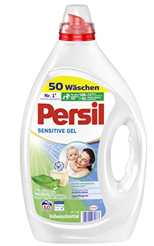 Persil Sensitive Gel (50 Waschladungen), Flüssigwaschmittel für Allergiker & Babys, mit beruhigender Aloe vera für sensible Haut, effektiv von 20 °C bis 95 °C