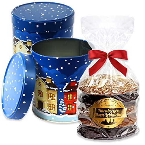 Geschenkdose Blau gefüllt - 5 Elisenlebkuchen gemischt 400g - Lebkuchen Geschenke Dose für Weihnachten Keksdose Plätzchendose Weihnachtsdose Lebkuchenwelt