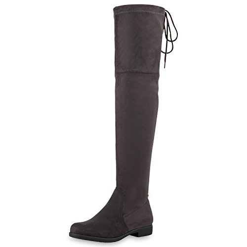 SCARPE VITA Damen Overknees Leder-Optik High Stiefel Boots Basic Look 164147 Grau 39